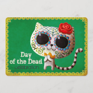 Cute White Cat Dia de Los Muertos Party Invitation Kaart