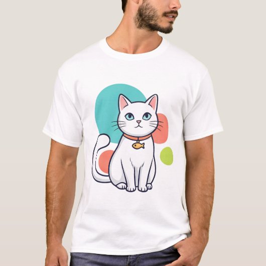 Cute White Cat Fish Collar T-shirt (Voorkant)