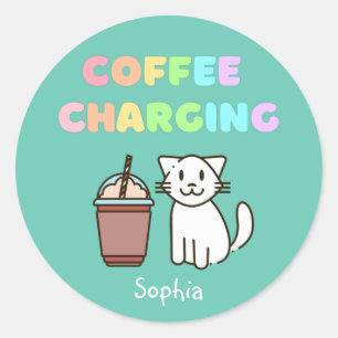 Cute White Cat&Funny Coffee Caffeine Rainbow Ronde Sticker
