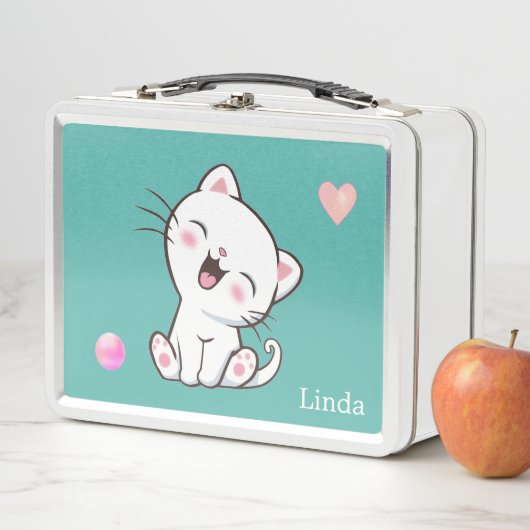 Cute White Cat & Heart op Blauwgroen (In situ)