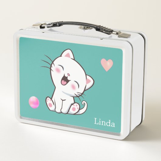 Cute White Cat & Heart op Blauwgroen (Achterkant)