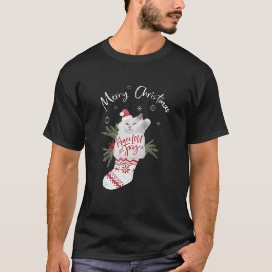 Cute White Cat Peace Love and Joy Sock Merry Chris T-shirt (Voorkant)