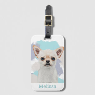 Cute White Chihuahua Abstract Blue Bagagelabel