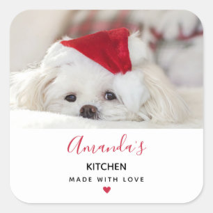 Cute White Dog in een Red Kerstmis Pet Kitchen Vierkante Sticker