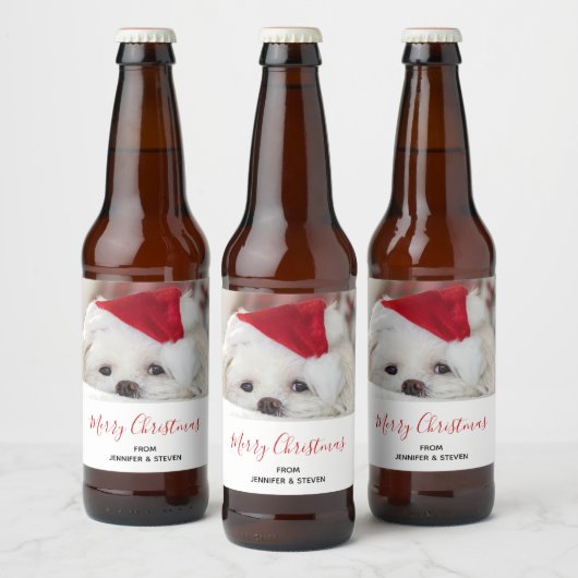 Cute White Dog in een Rode Kerstmis Pet Bier Etiket (Flessen)