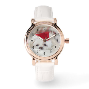 Cute White Dog in een Rode Kerstmis Pet Horloge