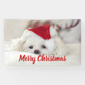 Cute White Dog in een Rode Kerstmis Pet Spandoek (Horizontaal)