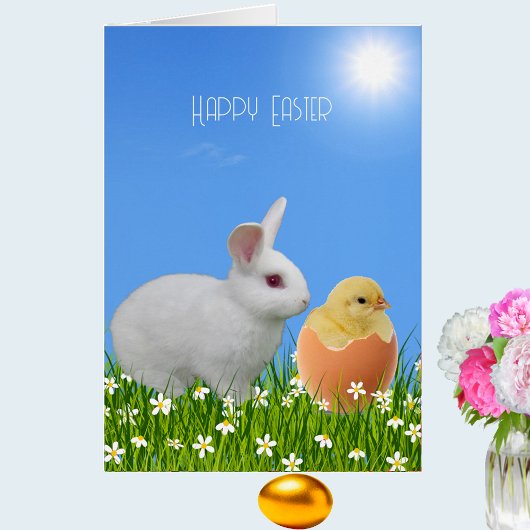 Cute White Easter Bunny & Chick on Sky Blue