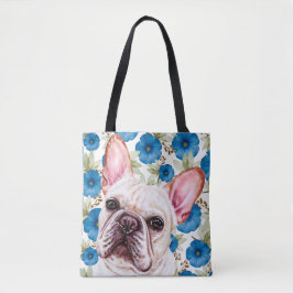 Cute White French Bulldog op Blue Flower Pattern Draagtas