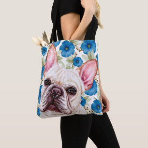 Cute White French Bulldog op Blue Flower Pattern Draagtas
