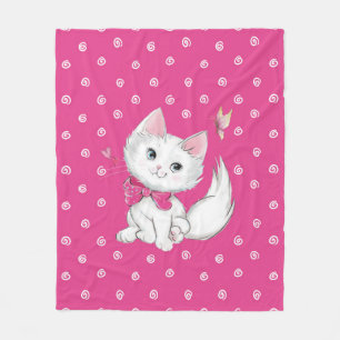 Cute White Kitten met Butterfly op Roze Fleece Deken