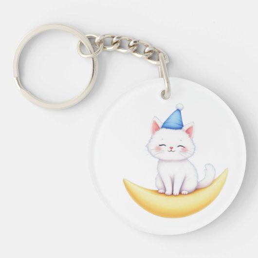 Cute White Kitten on Moon Acrylic Keychain (Voorkant)
