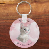 Cute White Kitten Pink Sky, Black Name, Extra Text Sleutelhanger (Voorkant)