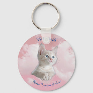 Cute White Kitten Pink Sky, Blue Name & Extra Text Sleutelhanger