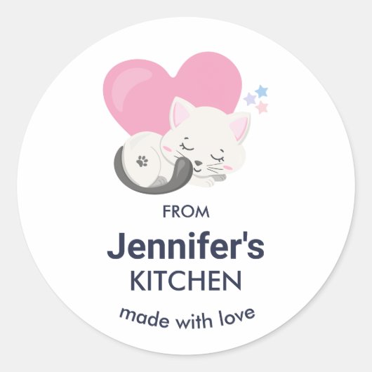 Cute White Kitty Cat Sleeping Kitchen Ronde Sticker (Voorkant)