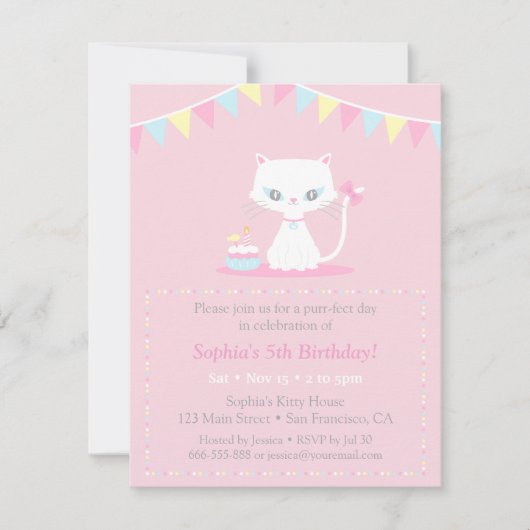 Cute White Kitty Chat Invitations de fête d'annive (Devant)