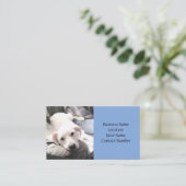 Cute White Lazy Puppy Dog on Couch with Pap Blue Visitekaartje (Staand voorkant)