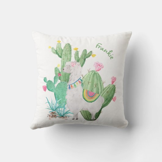 Cute White Llama and Cactus Scene - Gepersonalisee Kussen (Achterkant)