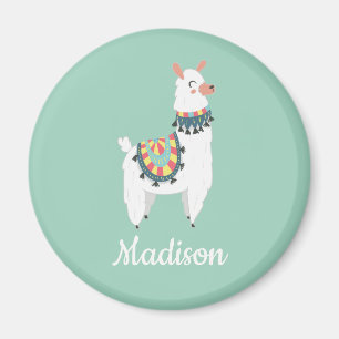 Cute White Llama Mint Green Monogram Name Magneet