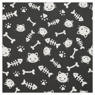 Cute White op Black Cat Botten Fish Paw Pattern Stof