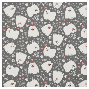 Cute White Pommeren Dogs Pattern met Hearts Stof