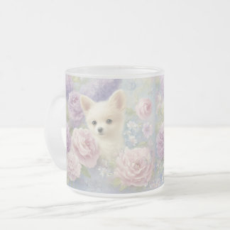 cute white puppy with flowers matglas koffiemok