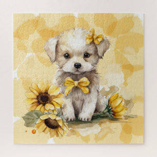 Cute White Puppy Yellow Sunflower Waterverf Legpuzzel