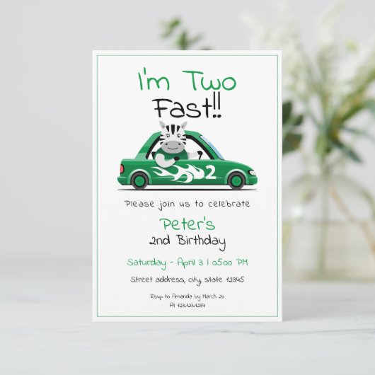 Cute White Race Zebra Two Fast 2e verjaardag Kaart (Staand voorkant)
