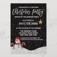 Cute White Red Snowman Night Sky Glitter Kerstmis
