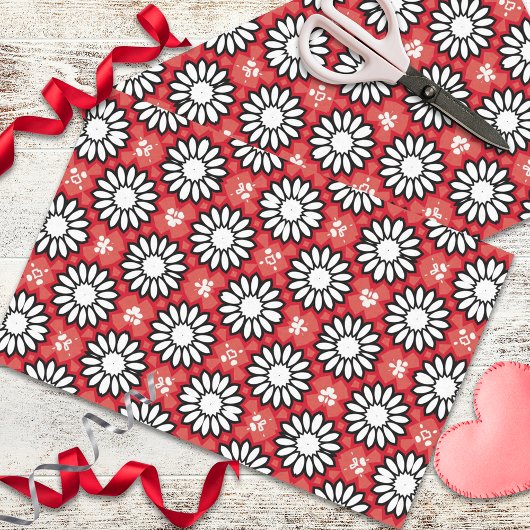 Cute White & Red Stylish Floral Geometric Pattern Tissuepapier