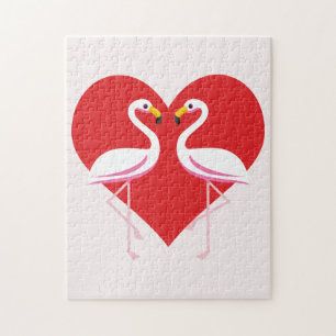 Cute White roze flamingos met rood hart Legpuzzel