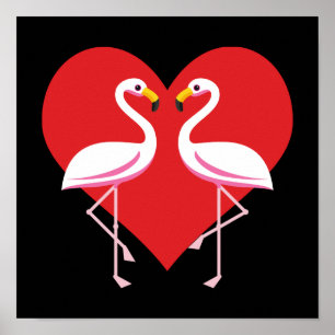 Cute White roze flamingos met rood hart Poster