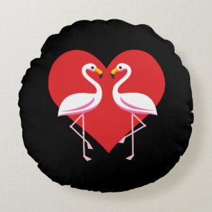 Cute White roze flamingos met rood hart Rond Kussen