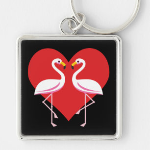 Cute White roze flamingos met rood hart Sleutelhanger