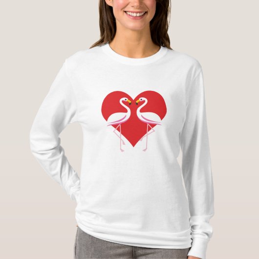 Cute White roze flamingos met rood hart T-shirt (Voorkant)