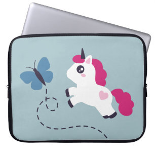 Cute White Unicorn met een vlinder Laptop Sleeve