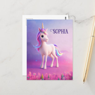 Cute White Unicorn met roze en blauwe mane Briefkaart