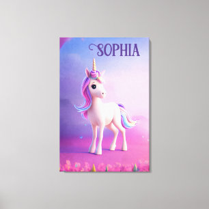Cute White Unicorn met roze en blauwe mane Canvas Afdruk
