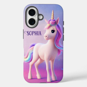 Cute White Unicorn met roze en blauwe mane iPhone 16 Hoesje