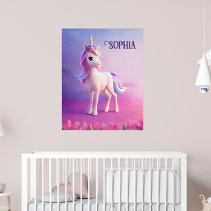 Cute White Unicorn met roze en blauwe mane Poster