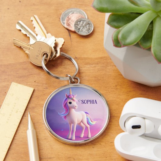 Cute White Unicorn met roze en blauwe mane Sleutelhanger (Bureau)