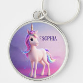 Cute White Unicorn met roze en blauwe mane Sleutelhanger (Voorkant)