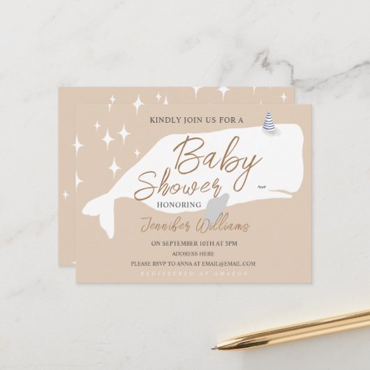Cute White Whale Baby shower Beige Invitation (Devant/Arrière en situation)
