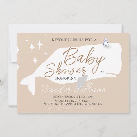 Cute White Whale Baby shower Beige Invitation (Devant)