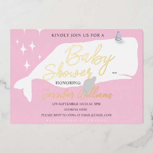 Cute White Whale Girl Baby shower Roze uitnodiging (Voorkant)