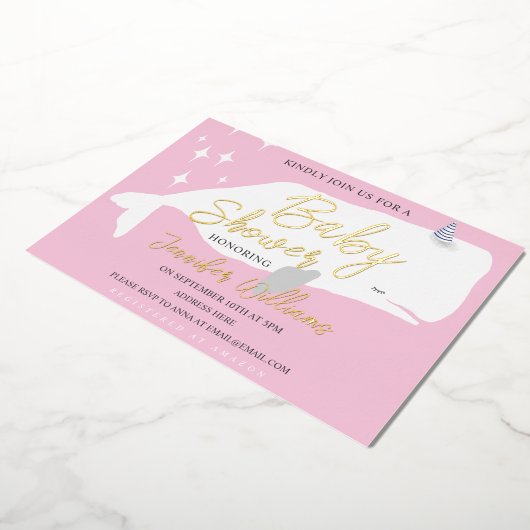 Cute White Whale Girl Baby shower Roze uitnodiging (Gedraaid)
