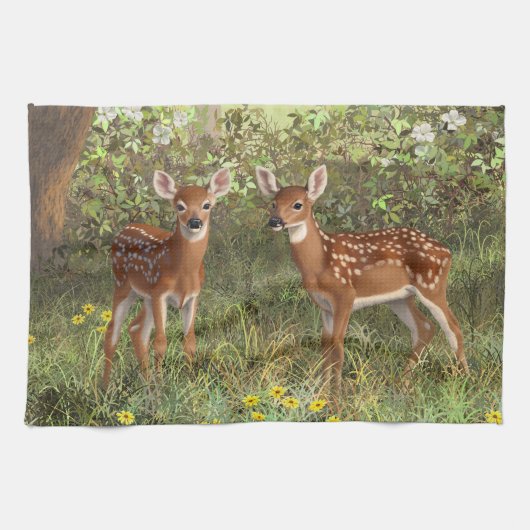Cute Whitetail Deer Twin Fawns Theedoek (Horizontaal)