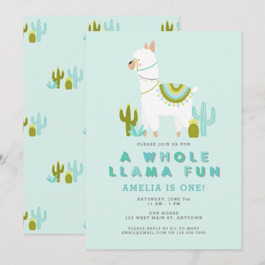 Cute Whole Llama Fun Aqua First Birthday Party Kaart (Voorkant / Achterkant)