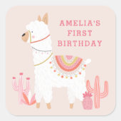 Cute Whole Llama Fun roze 1e verjaardag feest Vierkante Sticker (Voorkant)