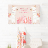 Cute Whole Llama Fun roze First Birthday Party Spandoek (Insitu)